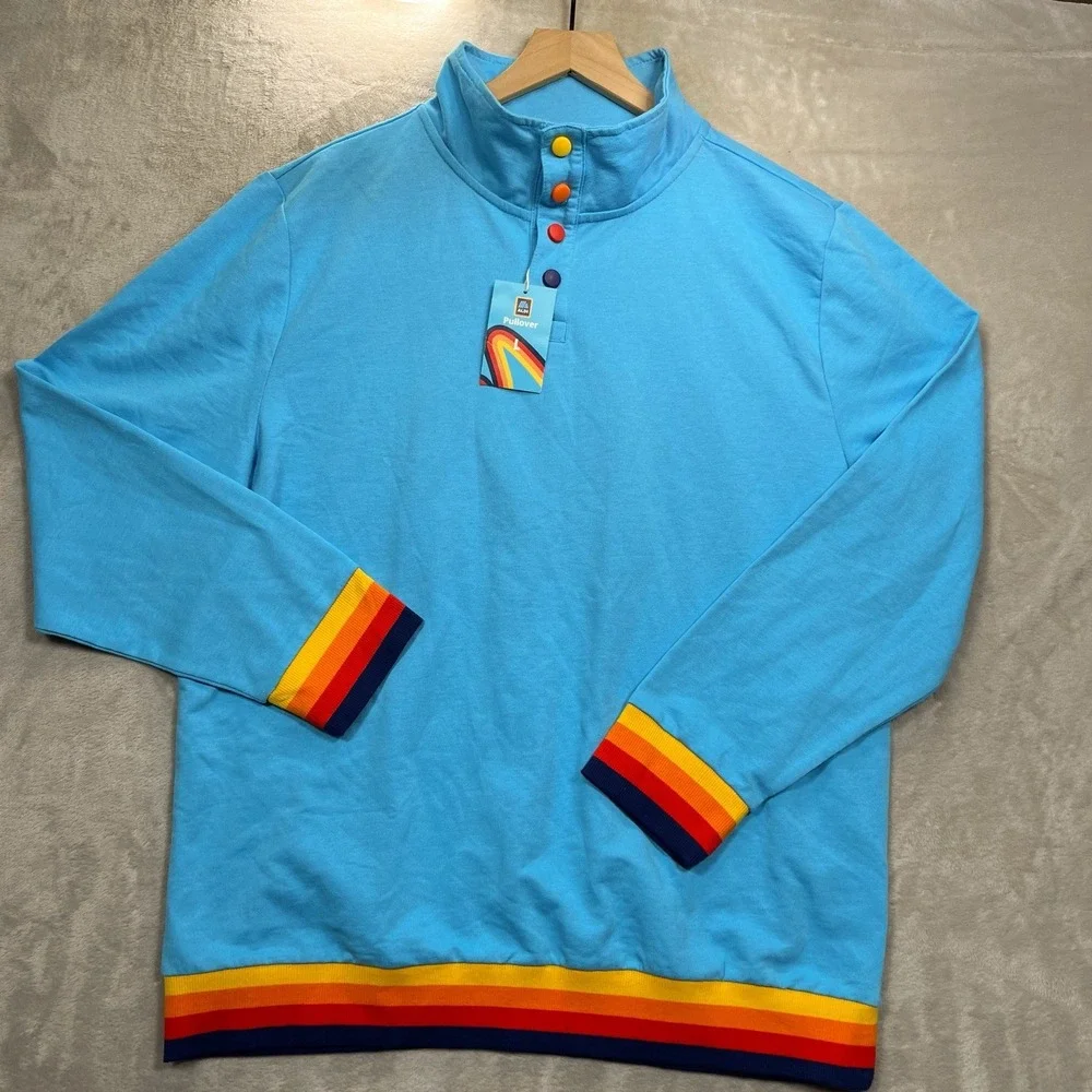 Aldi Pullover Sweater Mens L Blue Rainbow Stripe Mock Neck Buttons NEW